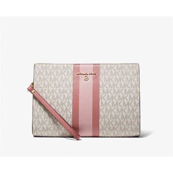 Michael Kors wristlet medium logo stripe zip pouch rose multi - Picture 1 of 9